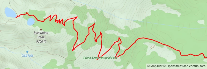 Outdoors style map with a red line showing a hiking path.