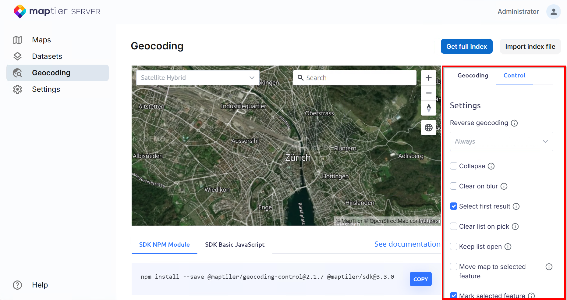Geocoding control configuration