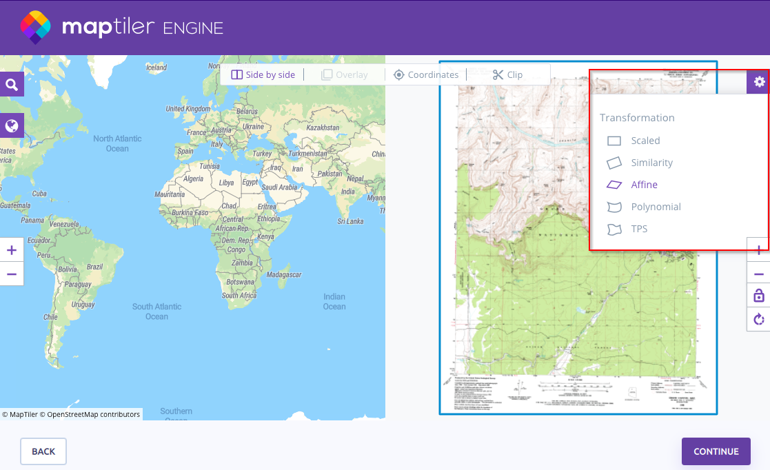 How to change transformation method in MapTiler Engine
