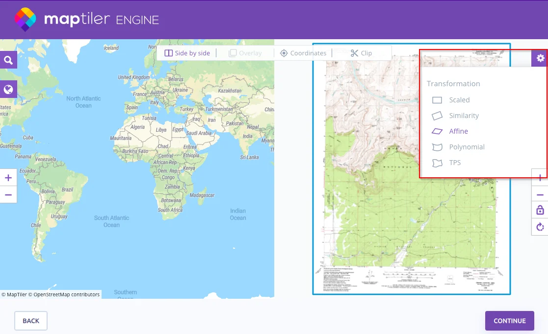 How to change transformation method in MapTiler Engine
