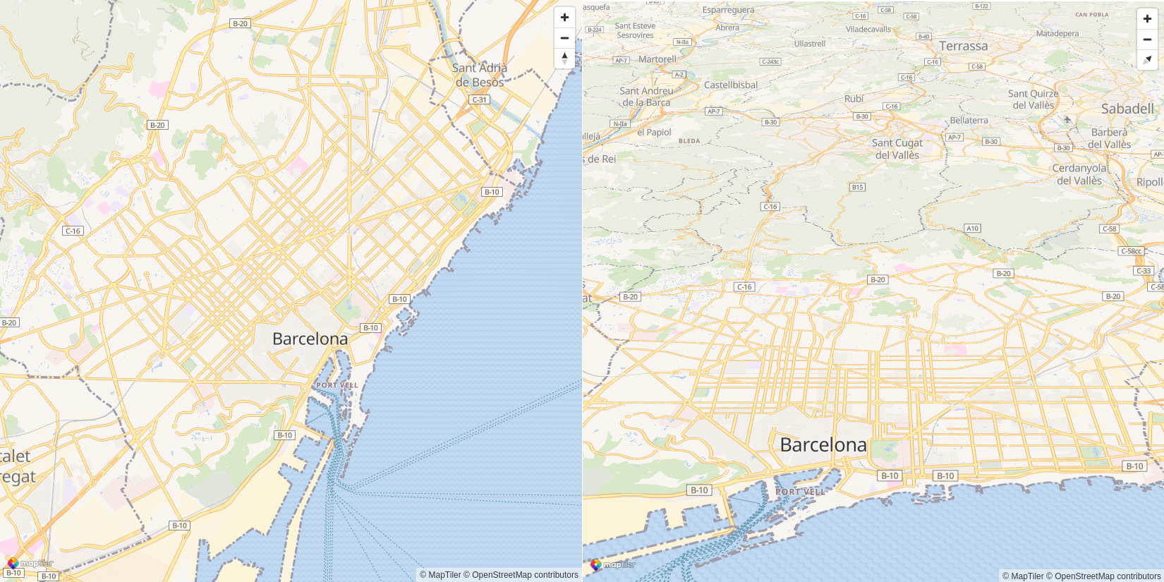 Map centered on Barcelona: without bearing and pitch (left), and with bearing and pitch (right).