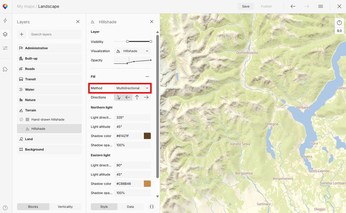 Multidirectional hillshading method