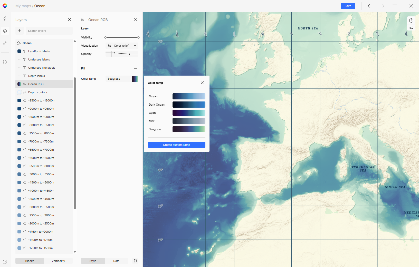 Adjusting the Ocean map's color ramp