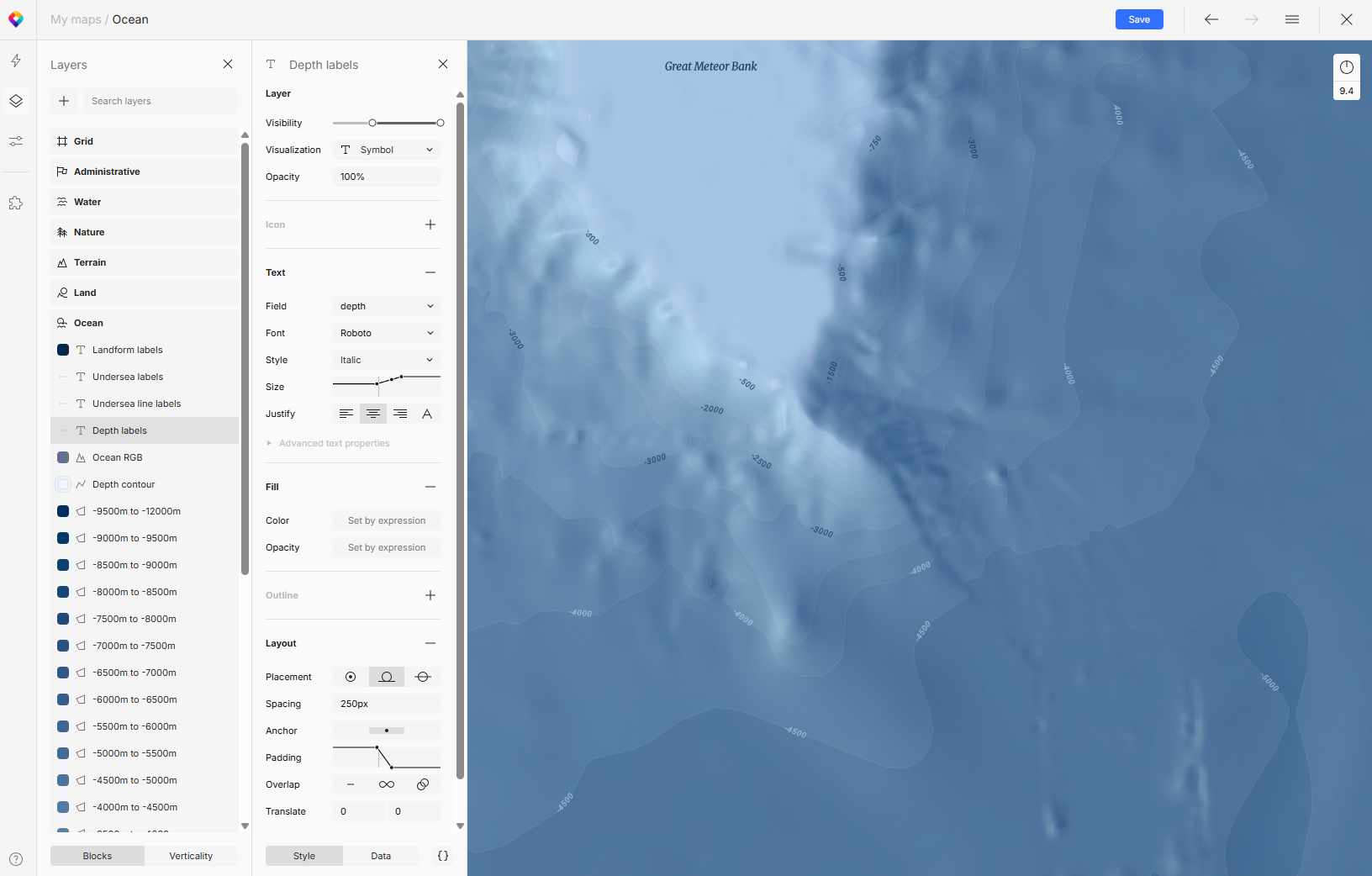 Ocean depth labels styling