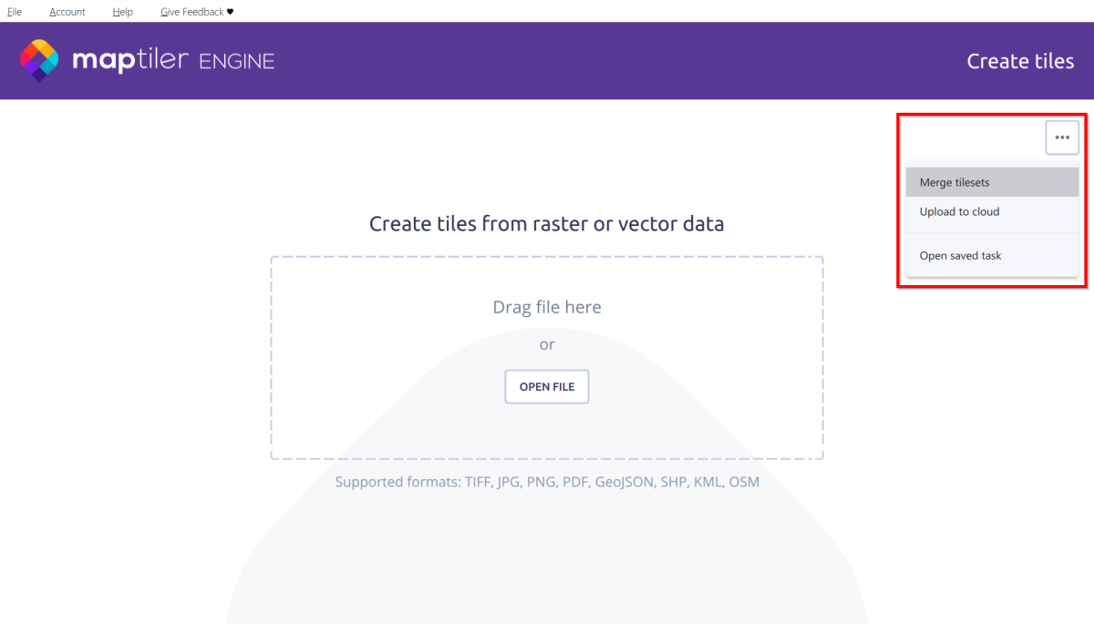 MapTiler Engine initial page: Options