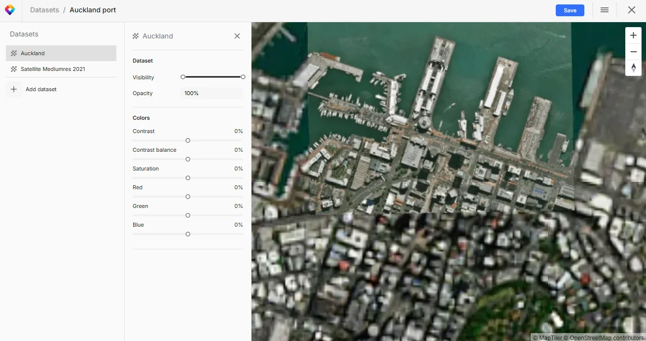 Virtual Tileset Editor: A drone image over medium-res satellite before color toning
