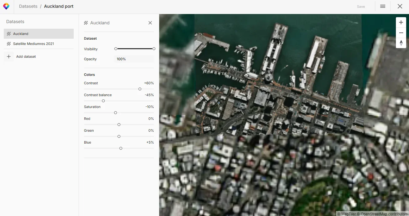 Virtual Tileset Editor: A drone image over medium-res satellite after color toning
