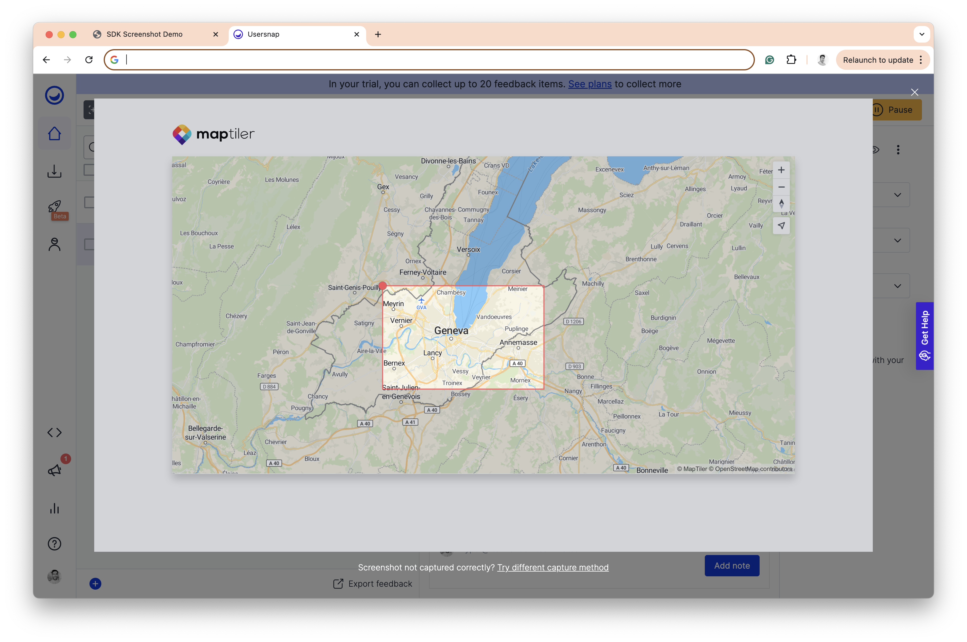 Usersnap dashboard feedback report with a map image