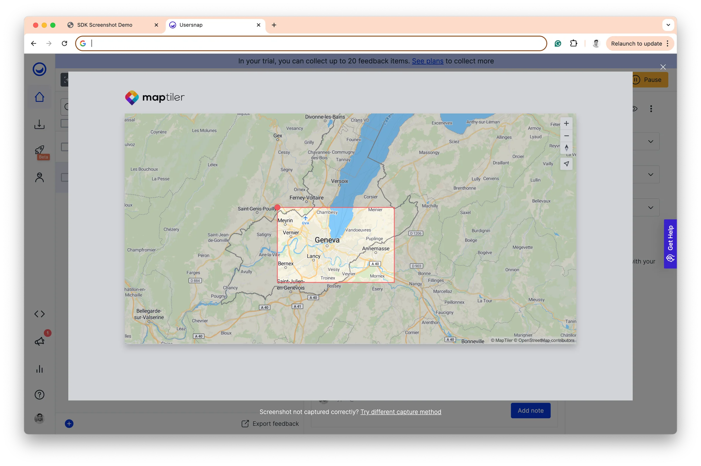 Usersnap dashboard feedback report with a map image