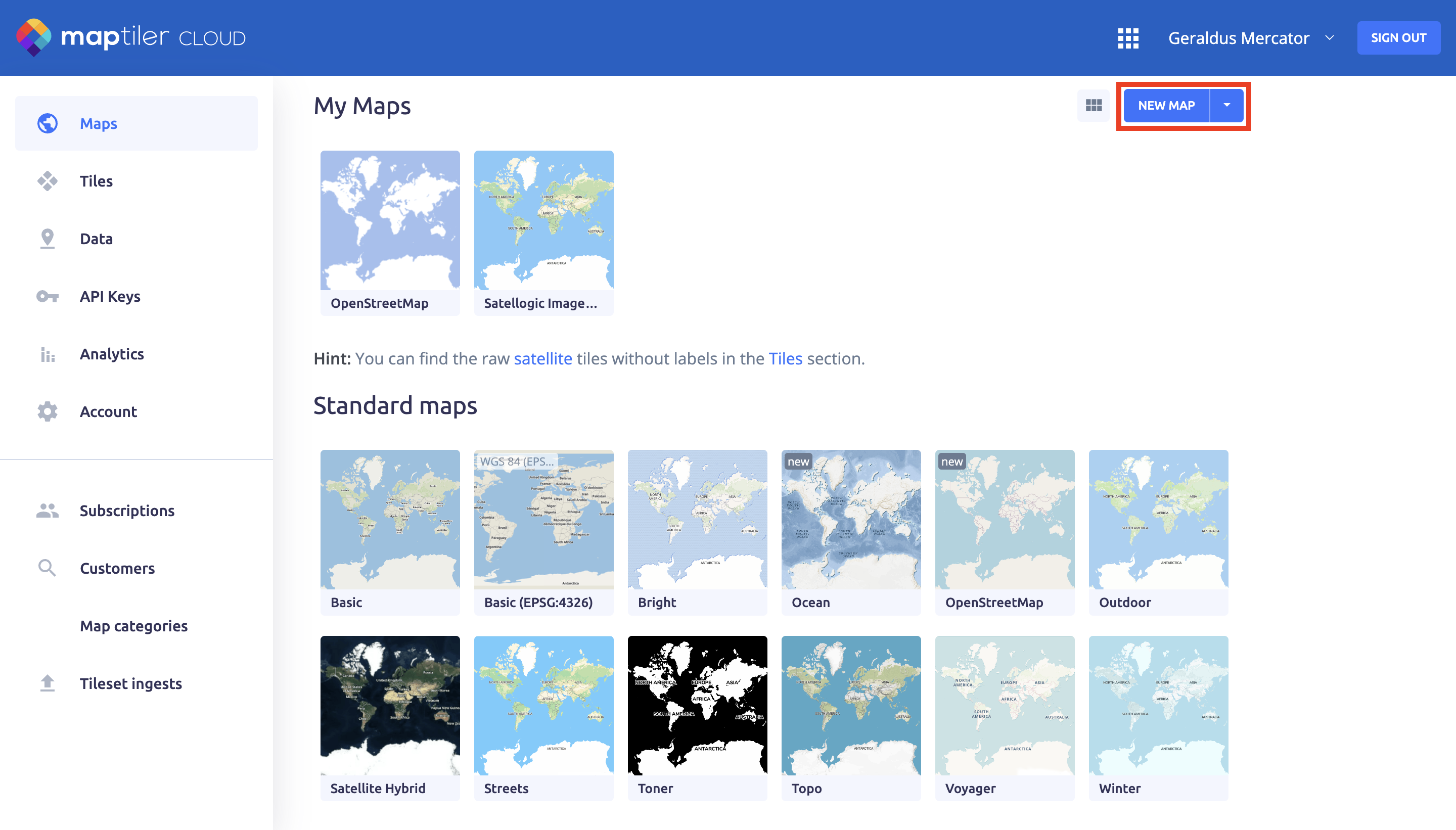Create new map in MapTiler Cloud