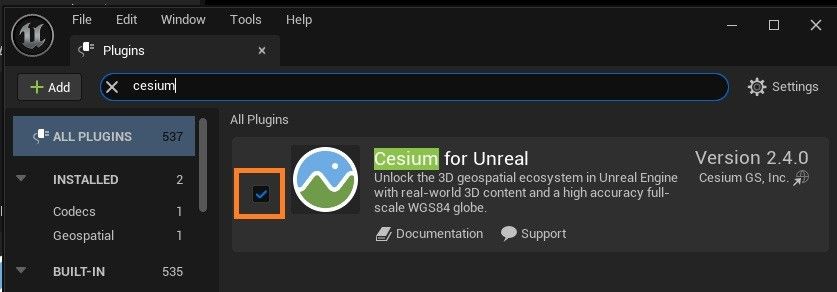 Unreal turn on the Cesium for Unreal plugin